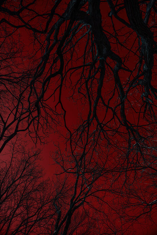 Photography of branches against a red background.